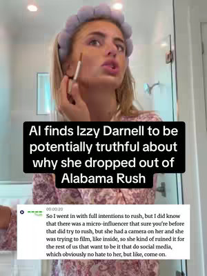 A woman with blonde hair in rollers makes a face while applying makeup in a bathroom. A text overlay sits over the image, with a speech bubble containing text on the bottom.