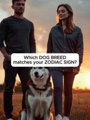 The image showcases a dog positioned between a man and a woman. The dog is a black and white Siberian Husky, with its tongue slightly out. The man is standing with his hands in his pockets looking towards the left, while the woman is looking down adoringly at the dog. The backdrop is a field under a sunset or sunrise, creating a warm, golden ambient light.