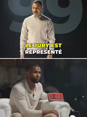 Image shows two men; the top half displays a man in a light-colored sweater against a dark background with a large, stylized "99" logo. Below the text in yellow and white, text overlay reads "LE JURY EST REPRÉSENTÉ" (The Jury Is Represented). The bottom half showcases a different man, in a similar outfit but seated on a white chair, and holding a timer that reads "01:00."