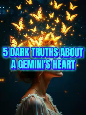A stylized image featuring a woman from the shoulders up against a dark background. Above her head are multiple glowing yellow butterflies, and the overlay text reads: "5 DARK TRUTHS ABOUT A GEMINI'S HEART." The woman has short hair and is wearing a white, off-the-shoulder top.
