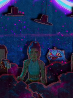 The cover image features stylized illustrations with a purple and blue color scheme. A central character, a young woman wearing a light blue top, is surrounded by dark, swirling shapes. Behind her is a blue creature with red eyes and sharp teeth. Above, three hat-shaped objects hang from strings. The overall composition has a digital, animated feel.