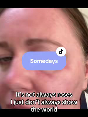 A close-up shot of a woman's face. Text overlays are present, including a central blue oval with the word 'Somedays' in white.