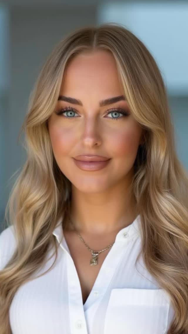 A close-up shot of a young woman with blonde wavy hair, blue eyes, and full lips. She wears a white collared shirt and a gold necklace. The background is softly blurred.