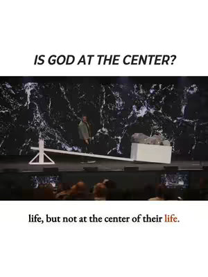 A staged image for a sermon or talk, featuring a man standing on a balance beam. On one side of the beam, a white box is loaded with rocks, while the other side has the man standing. The background is a textured black and white design.