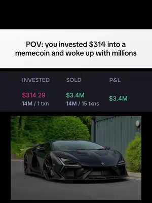 The image shows a black Lamborghini parked on a road. Above the car is a graphic with text showing the potential profit from investing in a memecoin. The layout is designed to highlight the potential financial gains.