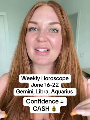 A woman with long red hair and blue eyes looks directly at the camera. Overlayed text provides astrology details.