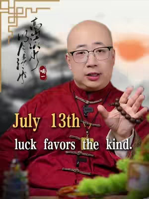 A man in a red shirt with a black collar, glasses, and a bald head is holding a beaded bracelet in one hand. Text overlays read "July 13th" above "luck favors the kind.". The background includes blurred imagery and Chinese calligraphy.