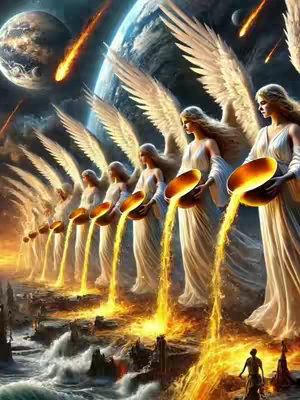 An AI-generated image depicting the final judgement with angels pouring lava and comets in the background.