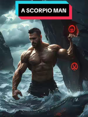 An AI-generated image depicting a muscular man standing in water with a stormy background. The man is shirtless and has a determined facial expression. The text overlay reads "A SCORPIO MAN". There are two glyphs related to the Scorpio zodiac sign on the right side.