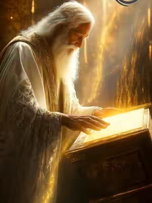 A digital illustration depicts an elderly man with a long white beard and hair, dressed in white and gold robes. He is shown in a three-quarter view, focused on an open book illuminated with a golden light, resting on a wooden stand. The background is a mix of glowing, golden light effects, suggesting a divine or spiritual setting. The color palette is dominated by gold, white, and sepia tones, enhancing the sense of reverence and mystery.