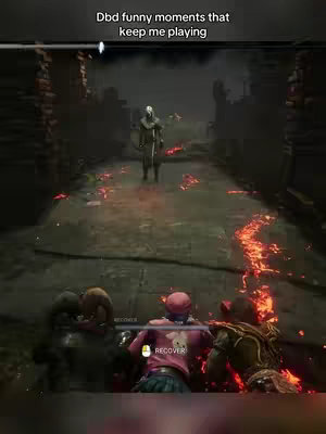 The image is a screenshot from the game Dead by Daylight. The scene is set in a dark, enclosed area with a worn stone path. A killer character is standing in the middle of the path, illuminated by dim light. In the foreground, several survivor characters are shown. The composition features a vertical layout.