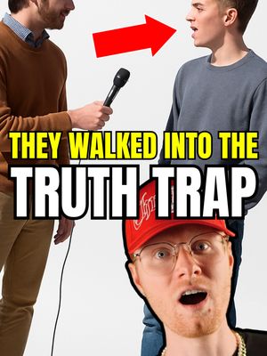 The image is a composite featuring three men. The background is plain white. On the left, a man in a brown sweater holds a microphone toward a man on the right, who is wearing a blue sweater and is mid-sentence. A large red arrow points from the man with the microphone towards the second man. At the bottom, a separate image of a man wearing a red hat and glasses with a surprised expression is overlaid. Text in a yellow box is above them, reading: "THEY WALKED INTO THE TRUTH TRAP".
