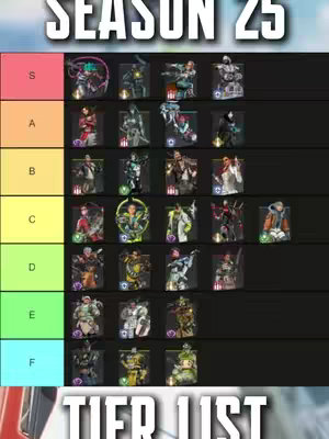 A video game tier list for Apex Legends Season 25 is displayed on a vertical chart. The top of the image features the text "SEASON 25" in a bold, white, sans-serif font against a dark background. The main body of the image is a grid divided into colored sections, labeled "S," "A," "B," "C," "D," "E," and "F," arranged vertically. Each section contains multiple character portraits from the game, likely representing how strong each legend is. The title "TIER LIST" in a similar bold, white font is placed at the bottom of the image.