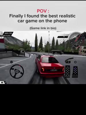 An in-game view of a red car driving on a road, with a heads-up display and speedometer visible. The background shows trees and a cloudy sky. A white horizontal bar with text overlayed over the top half of the image.