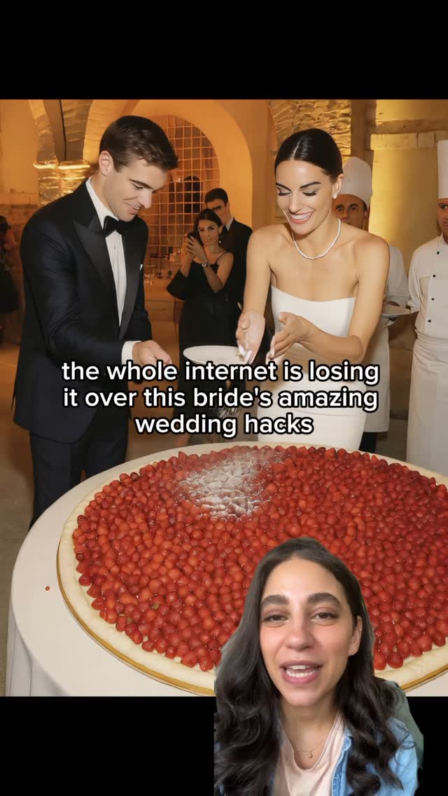 The cover image shows a wedding scene with a bride and groom cutting a large strawberry cake, with an overlayed image of a woman speaking at the bottom of the screen.