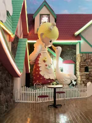 The image shows a colorful, detailed outdoor scene featuring a Precious Moments chapel and statues. The foreground features a life-size statue of a Precious Moments girl doll figure interacting with a large white goose statue while standing in front of a small white picket fence. The backdrop includes the Precious Moments chapel with a red roof. The scene is vibrant and reminiscent of a whimsical, collectable-themed setting.