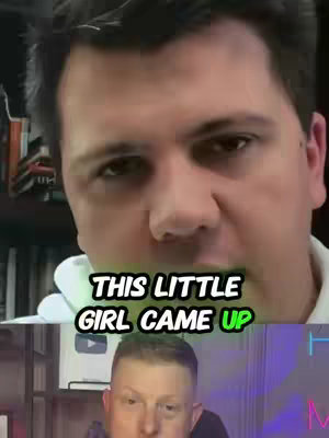 The cover image is split horizontally. The top half features a close-up of a man's face against the blur of a home office background. The bottom half shows another man's face. Overlayed text in a bold, stylized font reads: 'THIS LITTLE GIRL CAME UP'. The overall composition is designed to draw attention to the text and implied narrative.