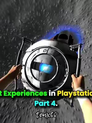 The image shows a close-up view of a robotic device, possibly from a video game. The device is cylindrical with a large central circular element and a smaller rectangular top section. It emits a blue glow from its center. The scene suggests a futuristic, possibly science fiction, setting. Beneath the device, the video title 'Melhores Experiências em Playstation 3. Parte 4.' is written in stylized text and the username 'tenx66'.