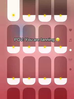 A graphic featuring a simulated phone screen divided into rectangular sections of varying brown shades, representing stages of tanning. The text box reads 'POV: You are tanning,' with a crying emoji at the end.