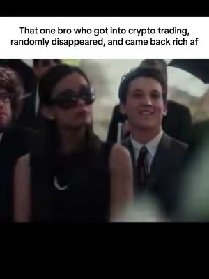 A scene from a movie. The video displays a group of people. Two individuals are the focal point; a female with sunglasses and a man in a suit. The man is smiling. The text overlay is above the heads.