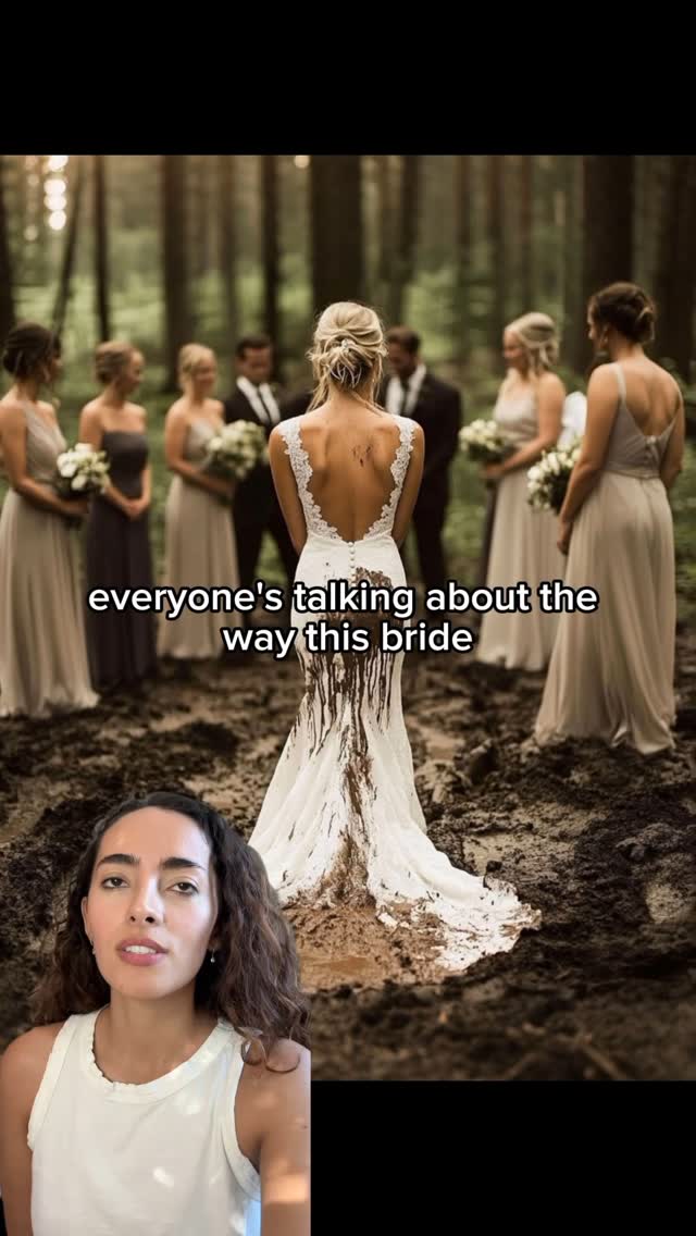 The image shows a bride in a white wedding dress with a long train covered in mud, standing in a muddy area. Behind the bride are several bridesmaids and groomsmen. A woman is in the bottom left corner of the image. The foreground is muddy with a forest behind the wedding party.