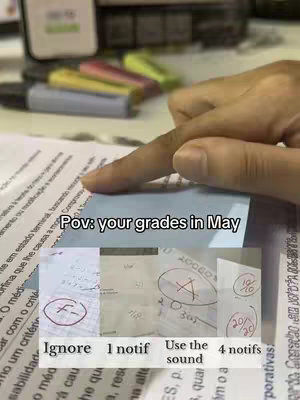 The image shows a hand pointing to a paper with different grades. Below are several examples of grades: F, A, 10/10, with text overlays about what happens when grades are low.