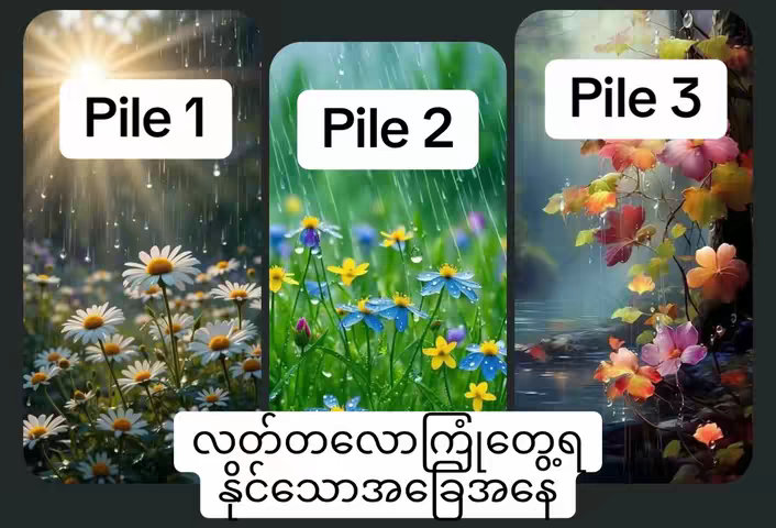 The image is a vibrant infographic splitting the view into three vertical sections. Each section displays a colorful, nature-themed illustration: one with daisies in the rain, another with colorful wildflowers in the rain, and the last with vibrant leaves and flowers by a pond. Overlaid on each section is a white rectangle with the text "Pile" followed by a number. The text at the bottom is in a non-English script and appears to complement the visual themes. The overall aesthetic is designed to be visually appealing with natural elements and an inviting layout.