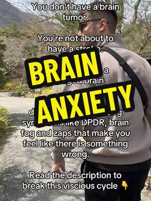 A man walking on a path is the background of the image. The foreground has a text overlay in a bold, modern, yellow and black design. The text reads, "BRAIN ANXIETY", with other text above and below giving additional context.