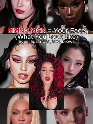 The image is a composite featuring a central portrait of a woman with red-tinted hair that is curly, framed by a black background. Surrounding her are five additional cropped portraits of women with different skin tones and hairstyles, creating a collage-like composition. The top center includes text in a bold, red font, while the overall color scheme focuses on variations of skin tones and makeup shades.