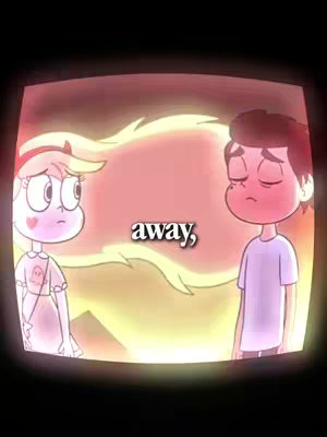 An animated scene from Star vs. the Forces of Evil. Star Butterfly, a blonde girl with heart-shaped cheeks, is on the left with a concerned expression, and Marco Diaz, a boy with a red mark on his cheek, is on the right. Text overlayed reads "away". A shimmering yellow-orange light is present behind them within a framed, black background.