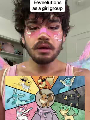 The cover image features a person with distinctive makeup, wearing a pink tank top, and holding an illustration of various Eevee evolutions. The text overlay reads 'Eeveelutions as a girl group'.
