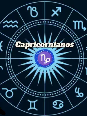 A circular zodiac chart with each sign represented. The prominent feature is a purple circle at the center, inside of which there is a white text that says "Capricornianos". Over the circle the Capricorn symbol, the text is overlayed in yellow color above the main sign of the zodiac chart.