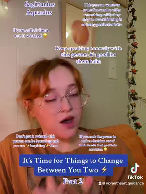 A woman with auburn hair and glasses is centered in the image, looking slightly off-center. Text overlays offer astrological insights, and the background includes an art print and decorative elements.