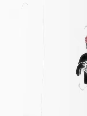 An artistic image featuring a minimalist design with a skeleton-like figure. The figure is depicted in a black silhouette, with visible ribcage details rendered in white, and appears to be cut out of a white background. The figure is wearing a red head covering with a polka-dot pattern, creating contrast against the black skin. Overall color palette is primarily black and white, with the red as the only splash of color, making the image visually striking.