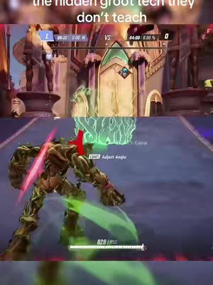 The image shows a video game scene with a character resembling Groot from Guardians of the Galaxy. The character is in the foreground, with a glowing green energy effect. In the background is an architectural setting. At the top of the image, there is the text overlayed.