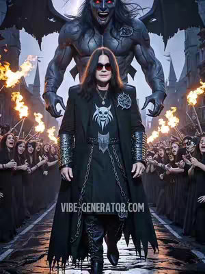 A digitally-created image shows Ozzy Osbourne walking towards the viewer down a cobblestone path flanked by a crowd of people on both sides, lit by torches, creating a dramatic, gothic atmosphere. Behind him looms a large, demonic figure. The overall color palette is dark with strong contrast, emphasizing the dramatic and theatrical presence.