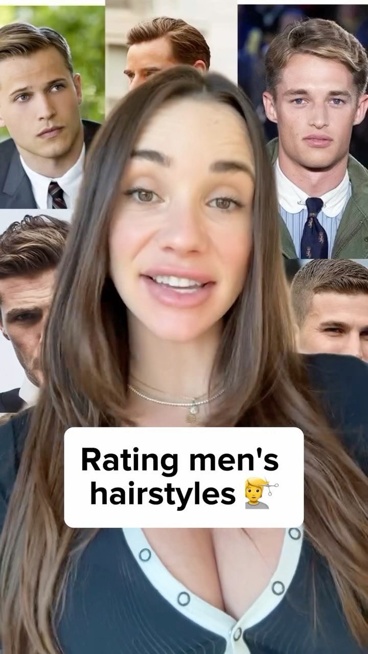 A woman with long brown hair is centered in the frame, in front of her are several men with different hairstyles in a collage. The background is slightly blurred, featuring multiple images.
