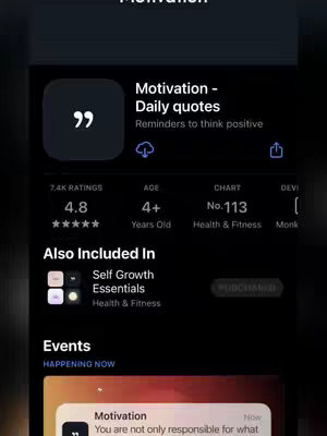 The cover image is a screenshot of a mobile app listing, displayed against a dark background. The app's icon is a square with quotation marks inside. The app title 'Motivation - Daily quotes' is displayed, with a brief description below. Rating information and app store details are also included. The layout is clean and modern, with a focus on text and a minimalist design.