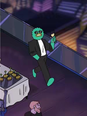 An animated, cartoon-style image of a furry, green-skinned creature wearing sunglasses and a black suit, holding a glass of champagne. The creature is standing on a rooftop with a cityscape in the background, and other animated characters in the foreground.