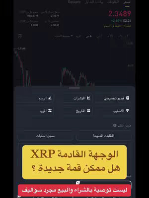 The image shows a screenshot of a trading platform displaying a chart with price data and a text overlay. The platform's interface is dark with white text displaying information like prices, currency pairs, market data, and various trading tools. The text overlay is in yellow and white with Arabic text about XRP.