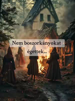 The cover image depicts a medieval scene at dusk. Several figures in dark cloaks and hoods stand in a misty, forested area. A fire burns brightly in the center, suggesting a pyre. In the background, a rustic building with a thatched roof is visible. The scene is somber, with a focus on the emotional gravity of the witch trials.
