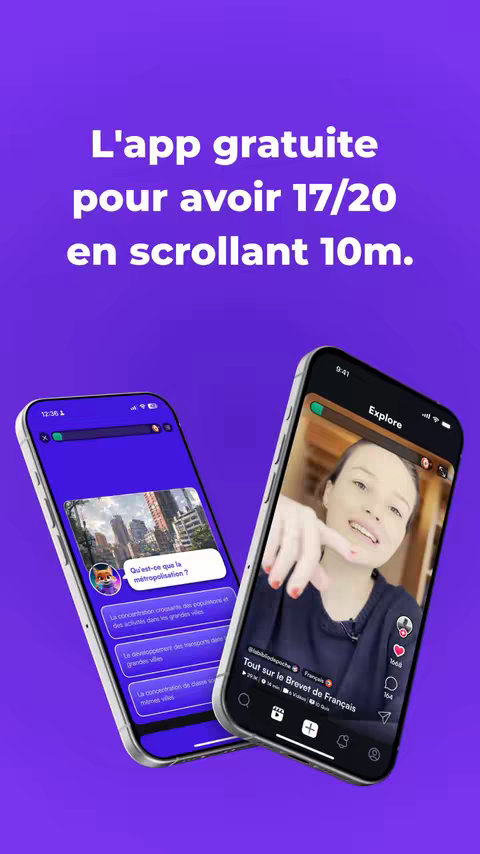 Two smartphones are displayed against a gradient purple background. The front phone shows a video of a woman on the screen, while the back phone displays a series of questions about a city. Descriptive texts are overlaid on both phones.