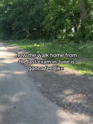 A shot of a gravel or dirt road leading into a lush green tree line on either side. The sky is mostly obstructed by the tree canopy, but there is a hint of sunlight. The text overlay reads 'how the walk home from the last exam in June is gonna feel like'.