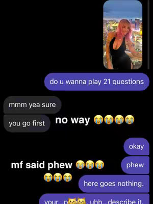 The image shows a conversation styled similarly to a text message thread. At the top right, there's a photo of a woman with pink hair posing, and a cityscape is visible in the background. The main part of the image contains text bubbles that simulate a playful conversation, including questions like 'do u wanna play 21 questions' and responses with emojis.
