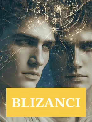 The image features two male figures from the chest up, each facing different directions. A shattered glass effect with glowing fragments overlays their heads. Below them is a horizontal yellow rectangle with the word “BLIZANCI” (Gemini) in white letters.