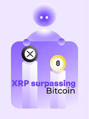 An illustrated graphic with a soft purple gradient background. A stylized figure floats at the top, resembling a rounded cloud with two small eyes. Below, two white pedestals support circular icons: XRP (logo) and Bitcoin (logo). Text overlays read 'XRP surpassing Bitcoin'. The overall composition highlights the contrast between XRP and Bitcoin.