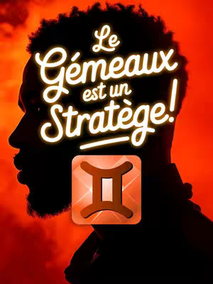 A stylized cover image with a red to orange gradient background. A silhouette of a person's profile is visible on the left side. Overlaid on the image is white text that reads "Le Gémeaux est un Stratège!". Further down, a Gemini zodiac symbol is superimposed.