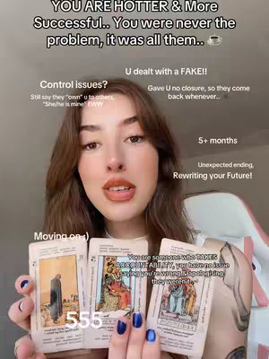 A woman with light skin and brown hair is holding tarot cards in front of her. Text overlays on the top and sides.