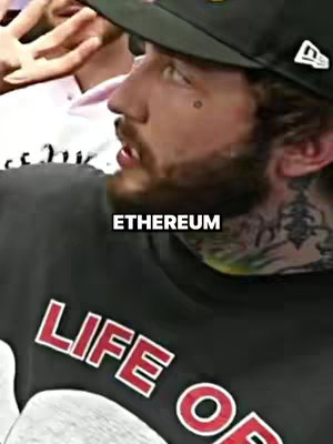 The image shows a person from the chest up in profile, wearing a baseball cap and a graphic t-shirt. The person has a beard, facial tattoos, and a neck tattoo. The text overlay 'ETHEREUM' is in white.