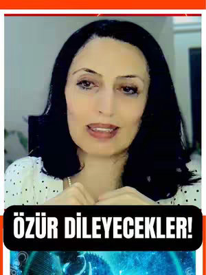 A woman with dark hair and a polka-dot top is centered in the frame. The background looks like it could be a home office with elements of a video conferencing setup. A black banner at the bottom states "ÖZÜR DİLEYECEKLER!"